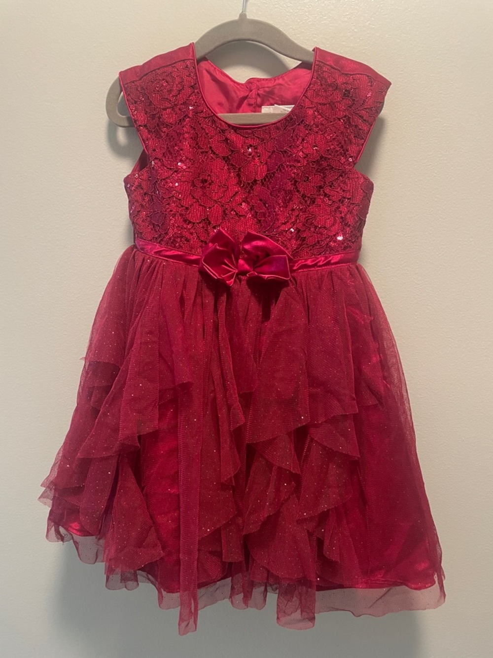 Jona Michelle Red Sequin Lace & Ruffle Tulle Dress with Bow